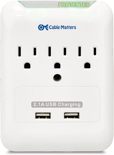 3 Outlet Wall Mount Surge Protector with USB Dual Port 2.1 Amp Charging