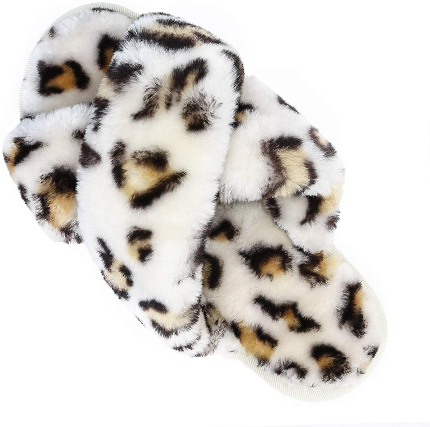 Womens House Fuzzy Slippers Leopard Cross Band Soft Plush Fluffy Slippers Furry Fleece Slip on Slippers Open Toe House Warm Bedroom Shoes Slides