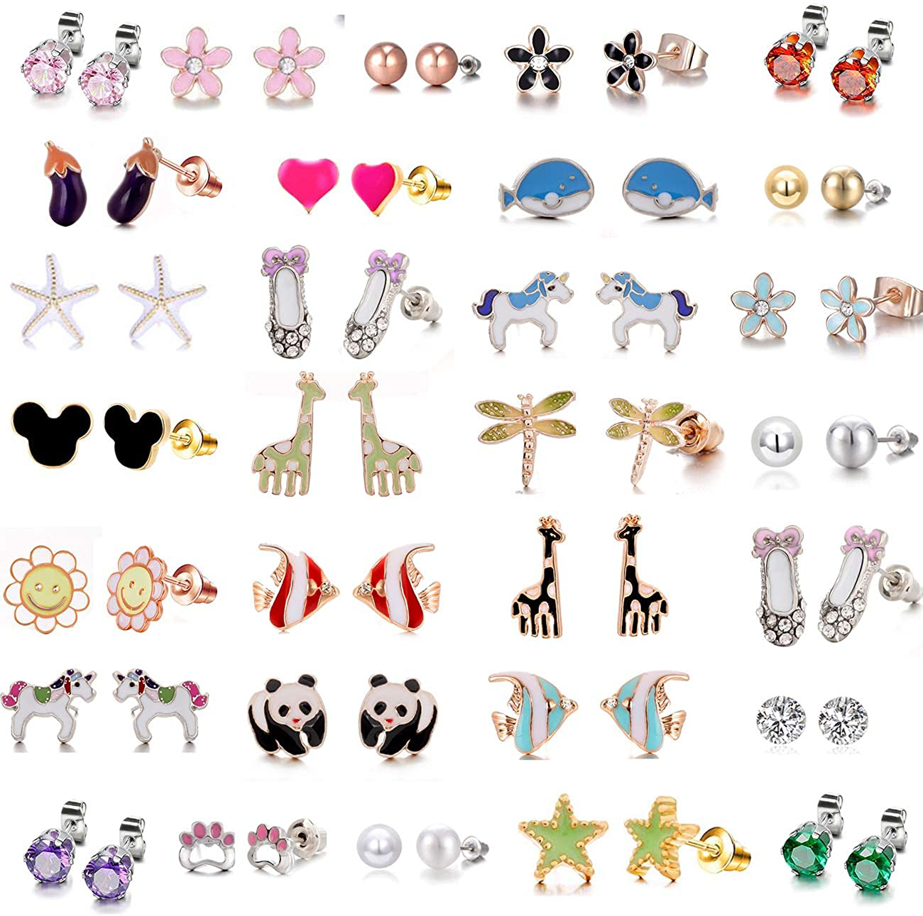 30/33 Pairs Hypoallergenic Sutd Earrings for Girls Sensitive Ears with Stainless Steel Post - Assorted Sytle and Vivid Color Earrings Set