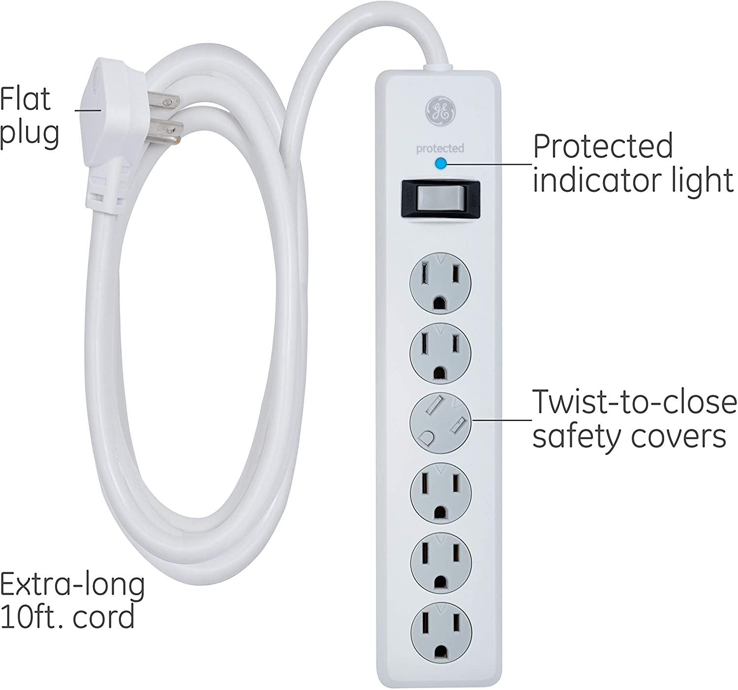 GE 6 Outlet Surge Protector, 10 Ft Extension Cord, Power Strip, 800 Joules, Flat Plug, Twist-to-Close Safety Covers, White, 14092