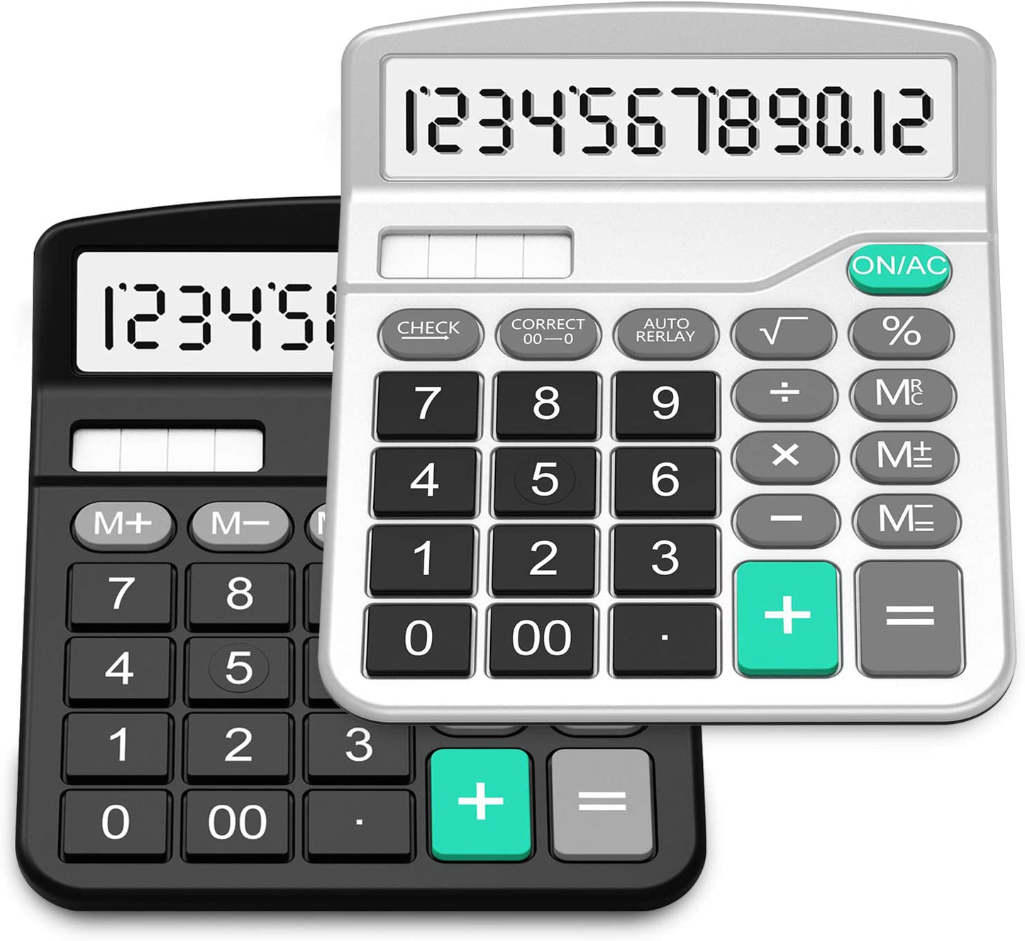 Calculator, Splaks Standard Functional Desktop Calculator Solar and AA Battery Dual Power Electronic Calculator with 12-Digit Large Display (2 Updated Silver)