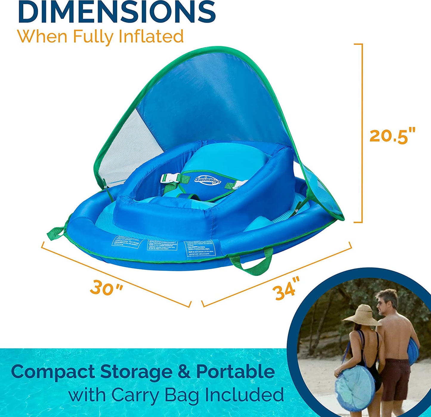 SwimWays Inflatable Infant Baby Spring Swimming Pool Float with Canopy, Blue