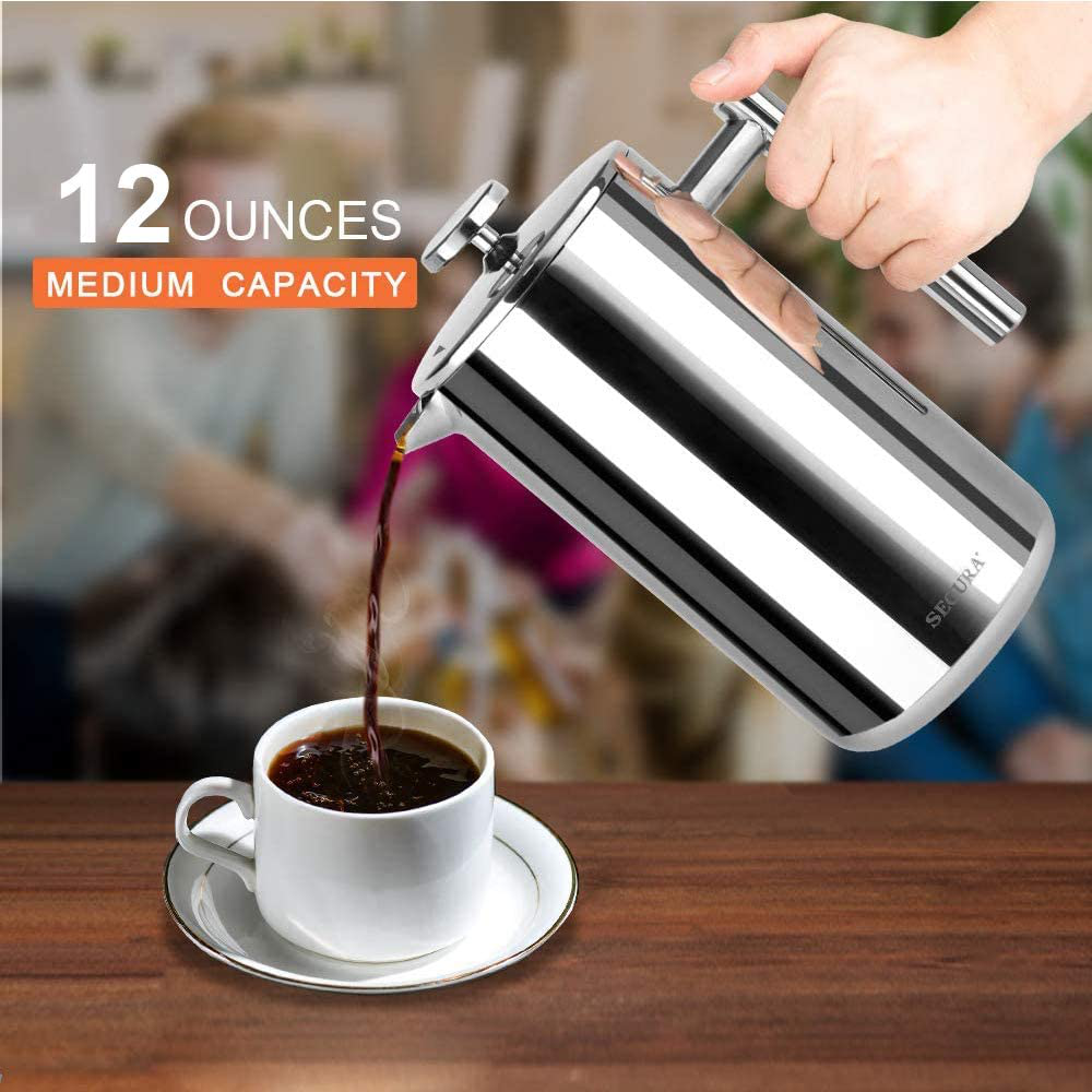 Secura French Press Coffee Maker, 304 Grade Stainless Steel Insulated Coffee Press with 2 Extra Screens, 50oz (1.5 Litre), Silver