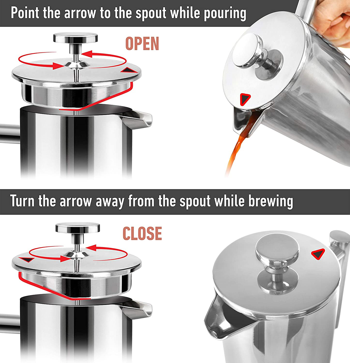 Mueller French Press Double Insulated 304 Stainless Steel Coffee Maker 4 Level Filtration System, No Coffee Grounds, Rust-Free, Dishwasher Safe
