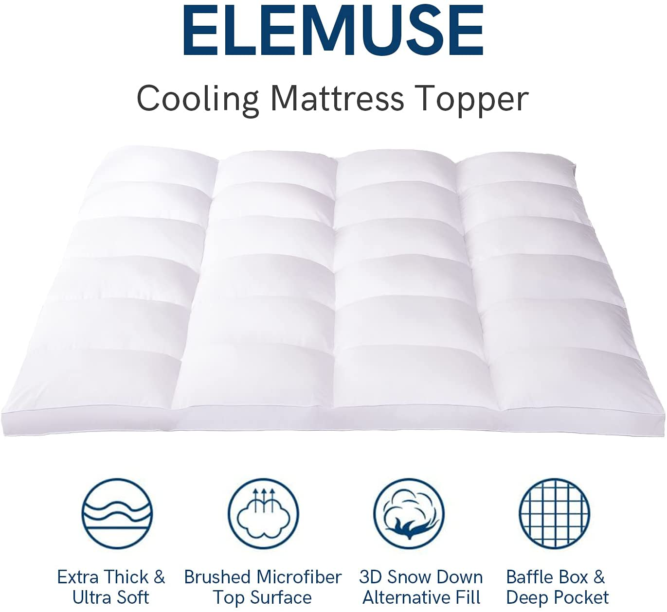 ELEMUSE Full White Cooling Mattress Topper for Back Pain, Extra Thick Mattress pad Cover, Plush Soft Pillowtop with Elastic Deep Pocket, Overfilled Down Alternative Filling