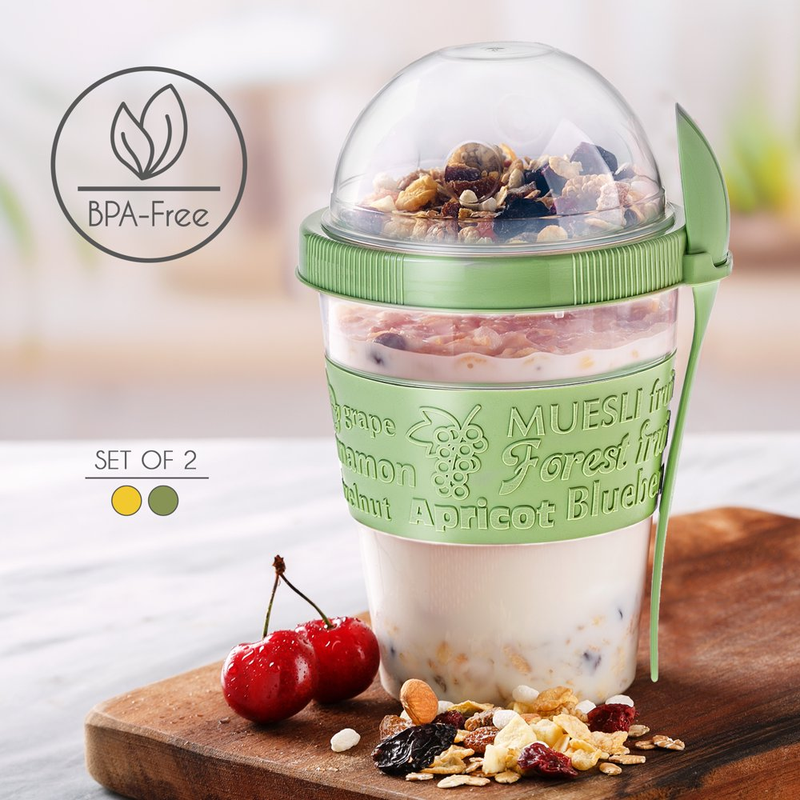 2 Pack Yogurt Parfait Cups with Lids, Breakfast on the Go Plastic Bowls with Topping Cup & Spoon