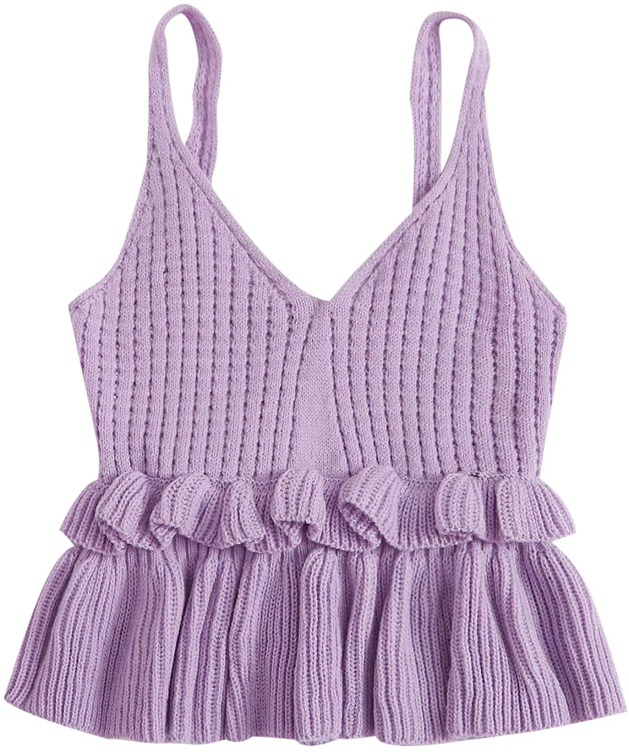 SweatyRocks Women's Casual Knit Top Sleeveless Ruffle Hem V Neck Peplum Crop Tank Top