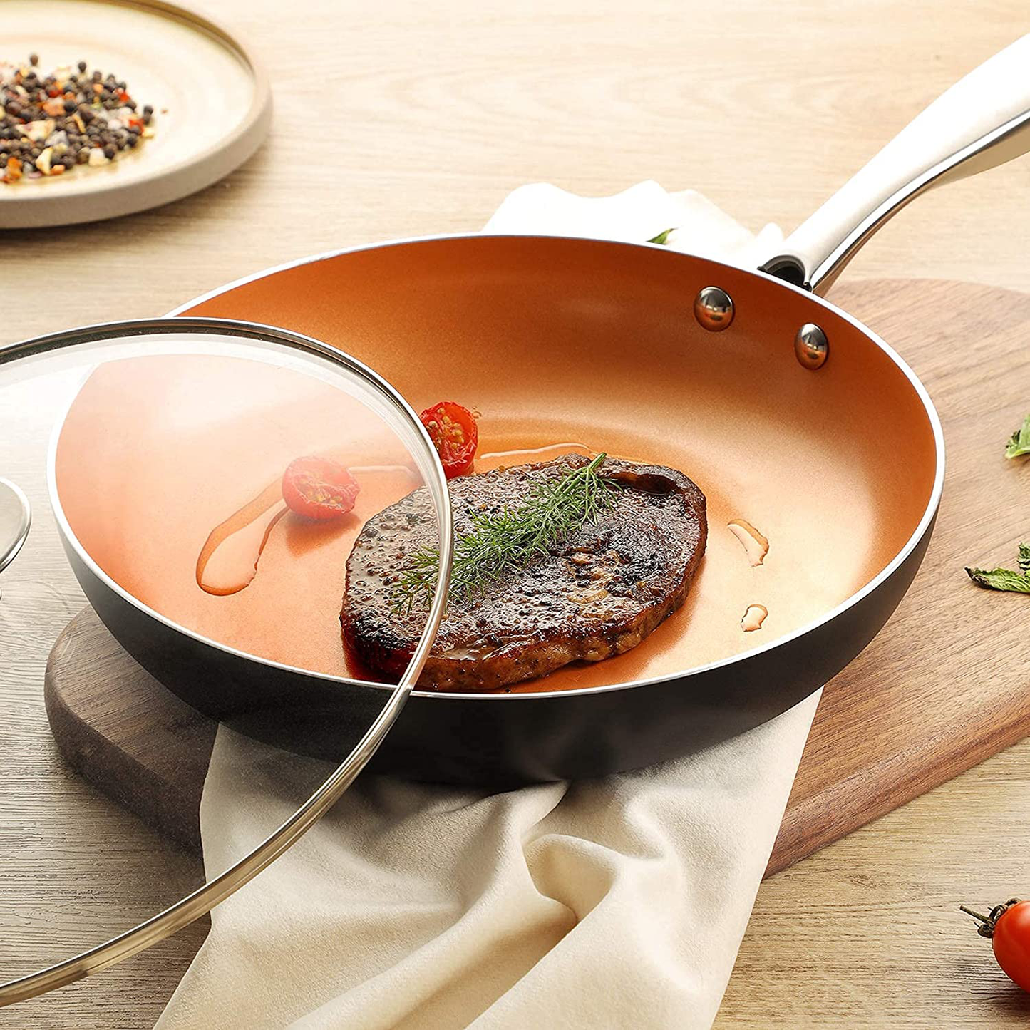 MICHELANGELO Frying Pan with Lid, Nonstick 8 Inch Frying Pan with Ceramic Titanium Coating, Copper Frying Pan with Lid, Small Frying Pan 8 Inch, Nonstick Frying Pans, Small Copper Skillet - 8 Inch