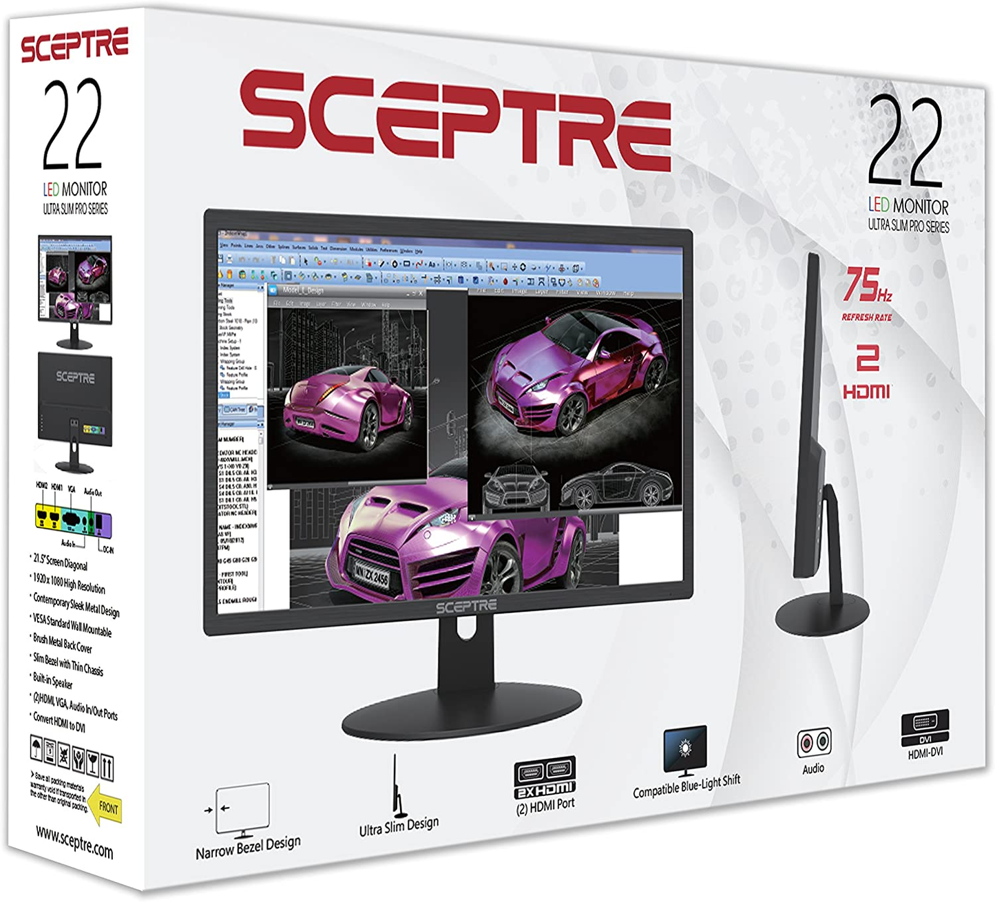 Sceptre E225W 22" Ultra Thin 75Hz 1080P LED Monitor 2X HDMI VGA Build-In Speakers, Metallic Black