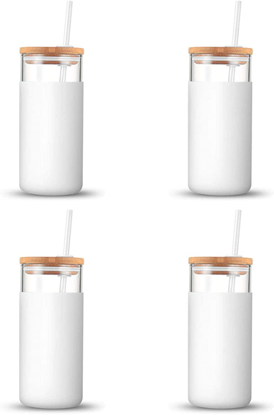 tronco 20oz Glass Tumbler Straw Silicone Protective Sleeve Bamboo Lid - BPA Free(White/4-Pack)
