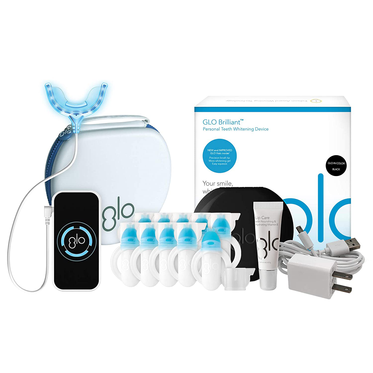 GLO Brilliant Deluxe Teeth Whitening Device Kit with Patented Blue LED Light & Heat Accelerator for Fast, Pain-Free, Long Lasting Results
