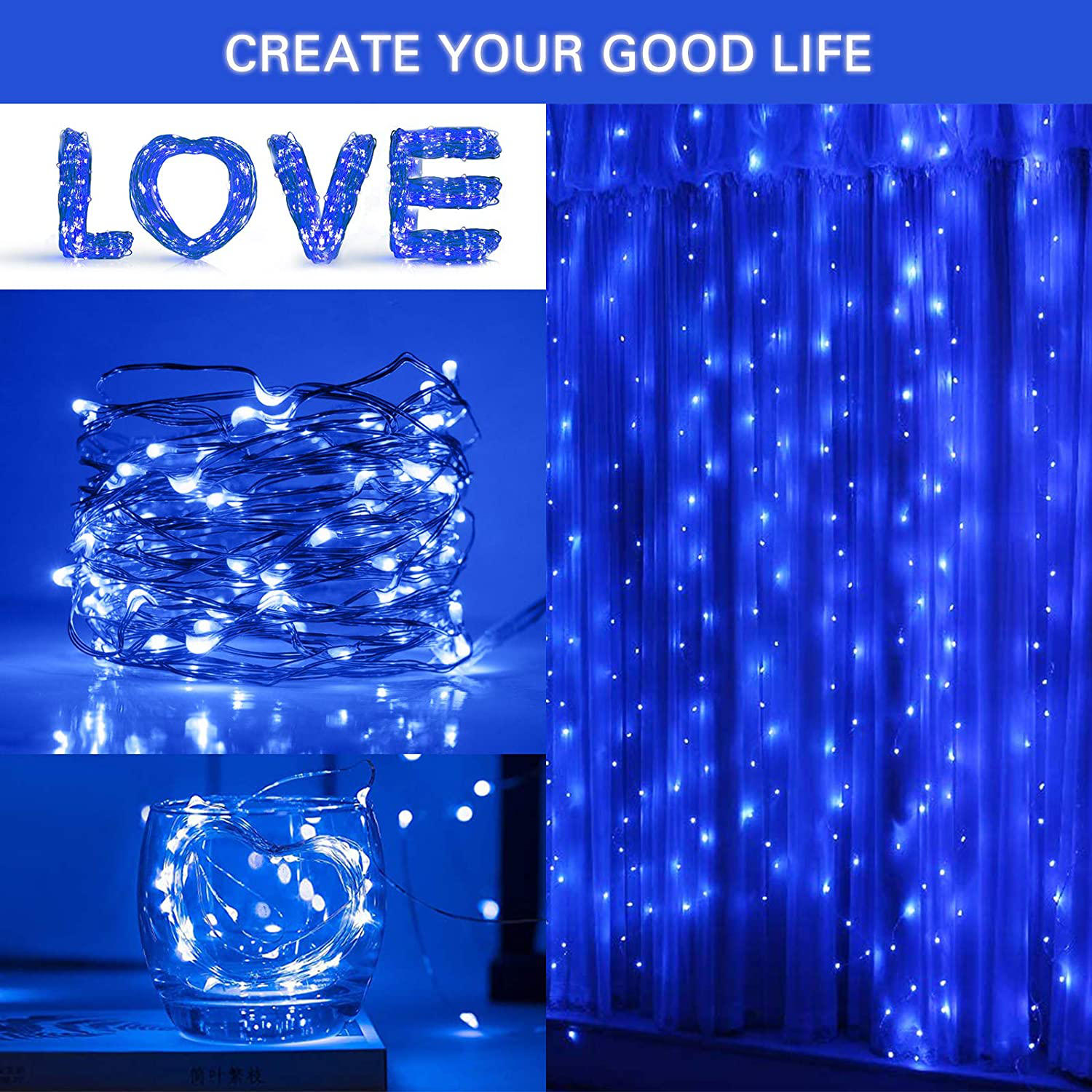 SUNNEST Curtain String Light, 300 LED String Lights with 8 Lighting Modes, USB Powered Dimmable Hanging Lights with Remote for Indoor/Outdoor Wall Decoration (9.8FT x 9.8FT)