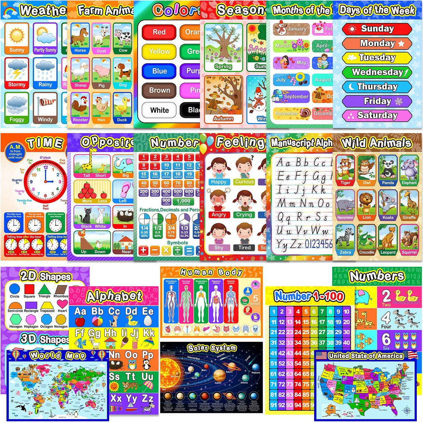 Educational Preschool Posters Learning Poster for Toddler Kid Kindergarten Classroom Learning Decoration, Large 16 x 11 Inch Nursery Homeschool Playroom Teaching Poster (Assorted Style, 20 Pieces)