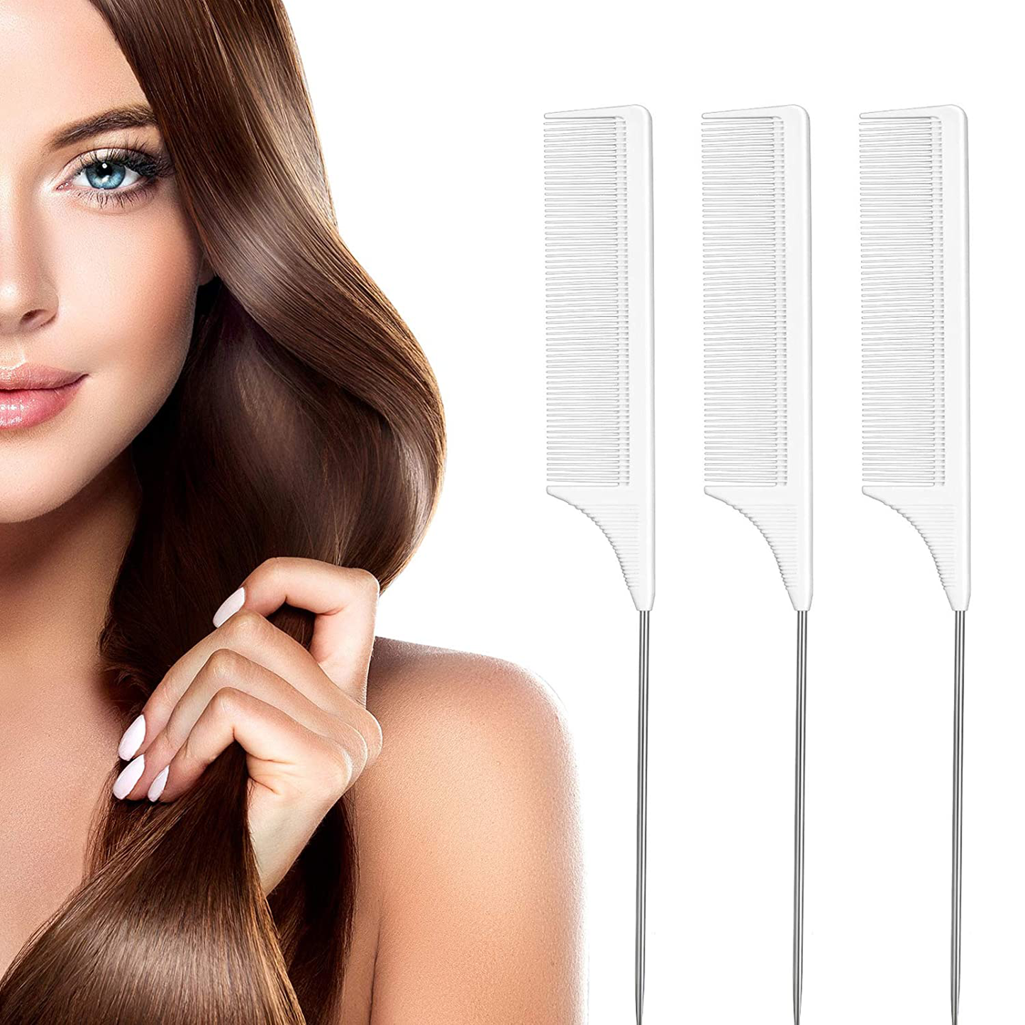 3 Packs Rat Tail Comb Steel Pin Rat Tail Carbon Fiber Heat Resistant Teasing Combs with Stainless Steel Pintail