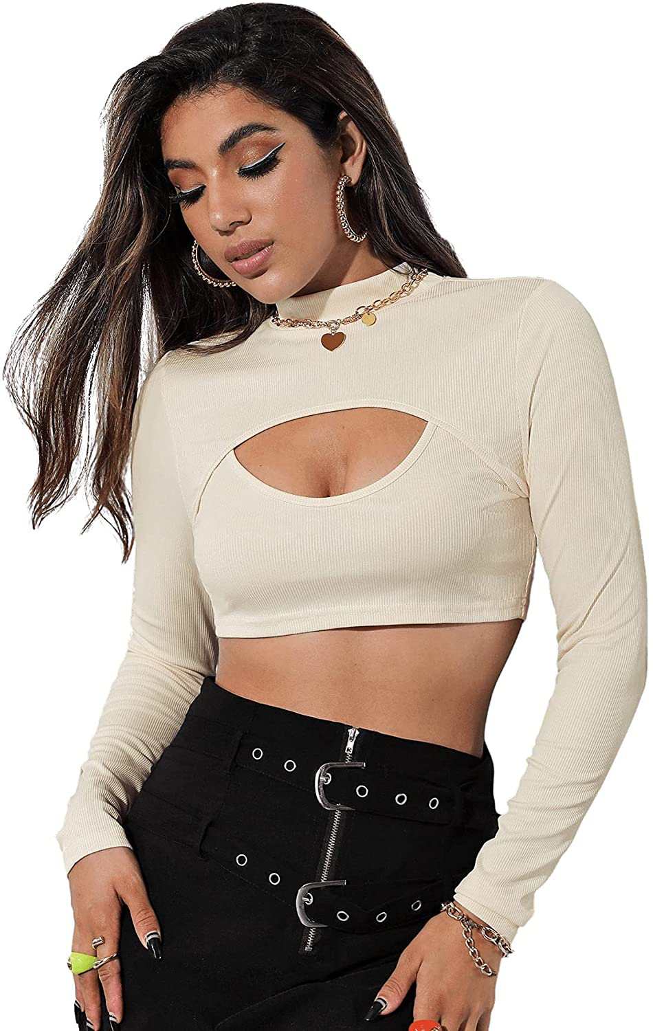 SweatyRocks Women's Casual Solid Cut Out Front Long Sleeve Pullover Crop Top Sweatshirt