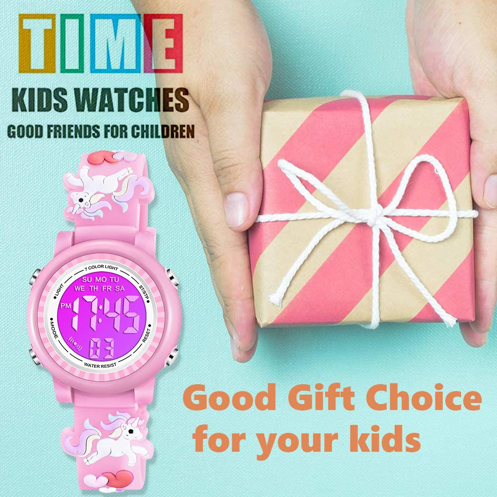 Venhoo Kids Watches 3D Cartoon Waterproof 7 Color Lights Toddler Wrist Digital Watch with Alarm Stopwatch for 3-10 Year Girls Little Child