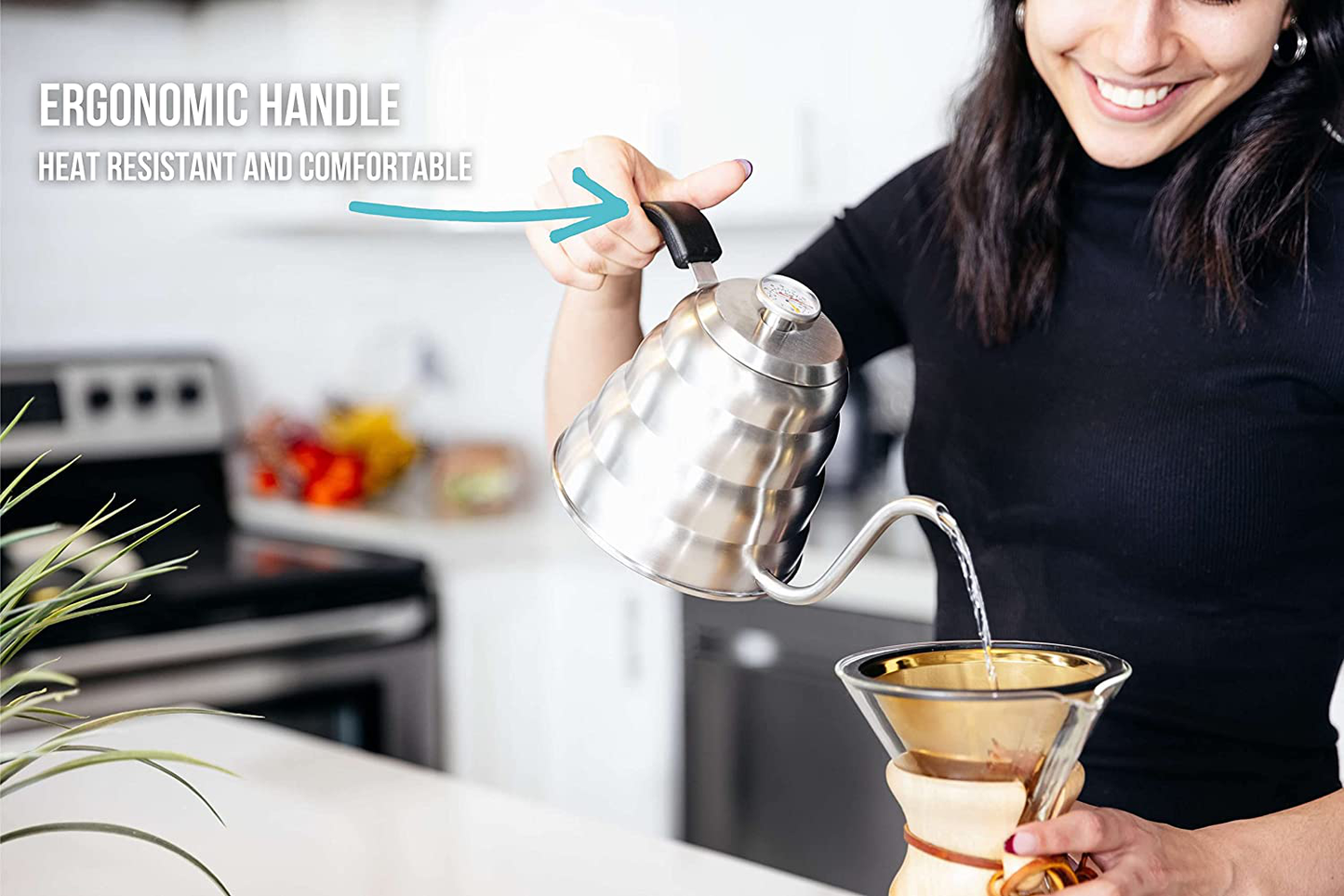 Barista Warrior Stainless Steel Pour over Coffee & Tea Kettle with Thermometer for Exact Temperature - Gooseneck Spout Pots - Kitchen Appliances & Dorm Essentials (Copper Coated, 1.2 Liter, 40 Fl Oz)