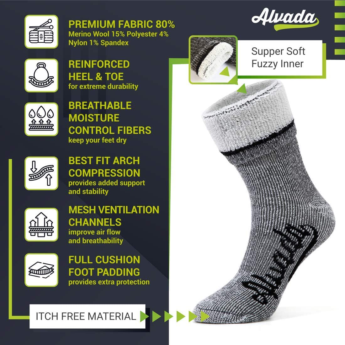 Alvada 80% Merino Wool Hiking Socks Thermal Warm Crew Winter Boot Sock for Men & Women 3 Pairs