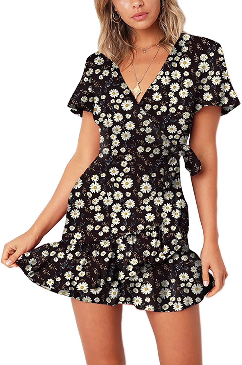 Relipop Summer Women Short Sleeve Print Dress V Neck Casual Short Dresses