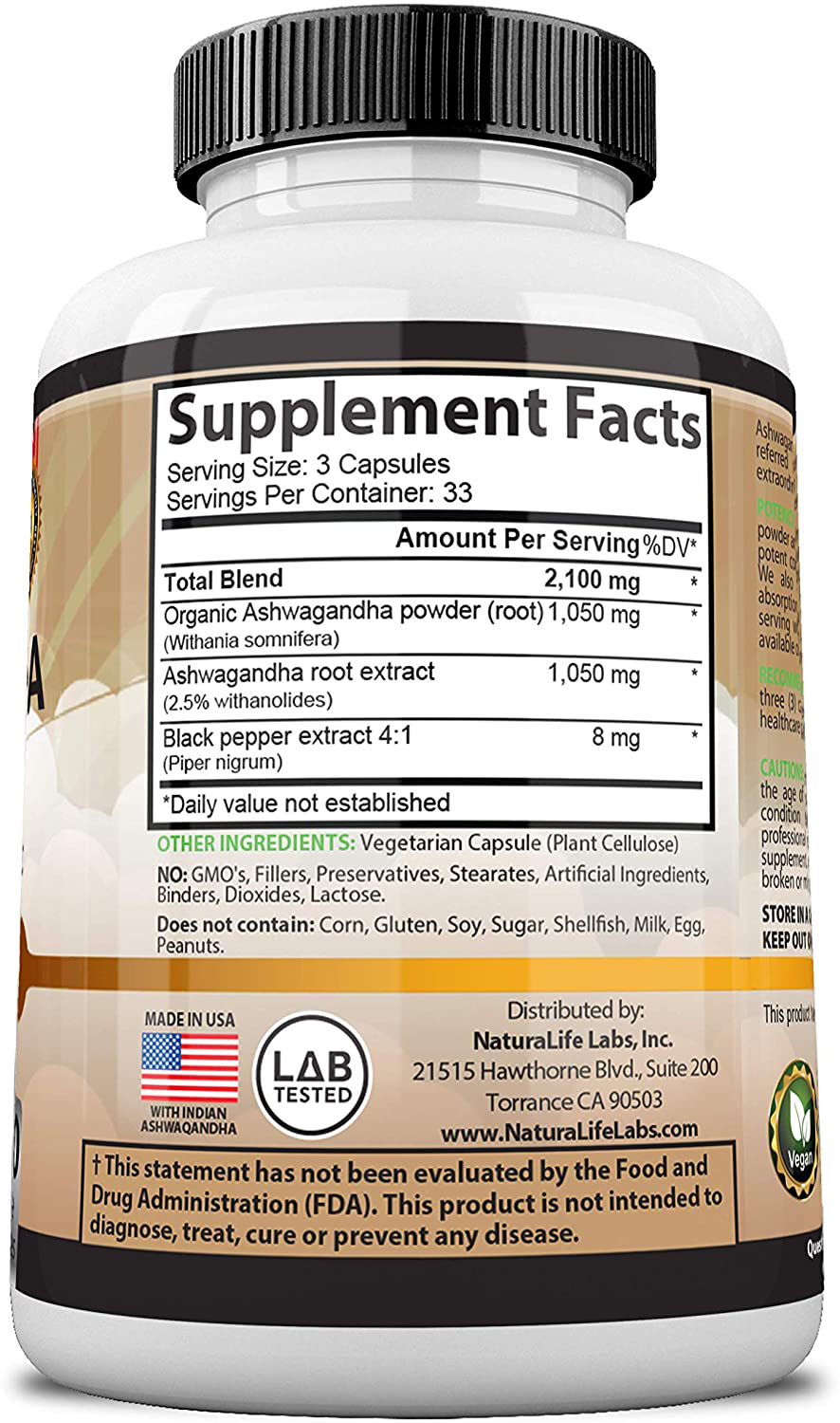 Organic Ashwagandha 2,100 mg - 100 Vegan Capsules Pure Organic Ashwagandha Powder and Root Extract - Stress Relief, Mood Enhancer, Immune & Thyroid Support