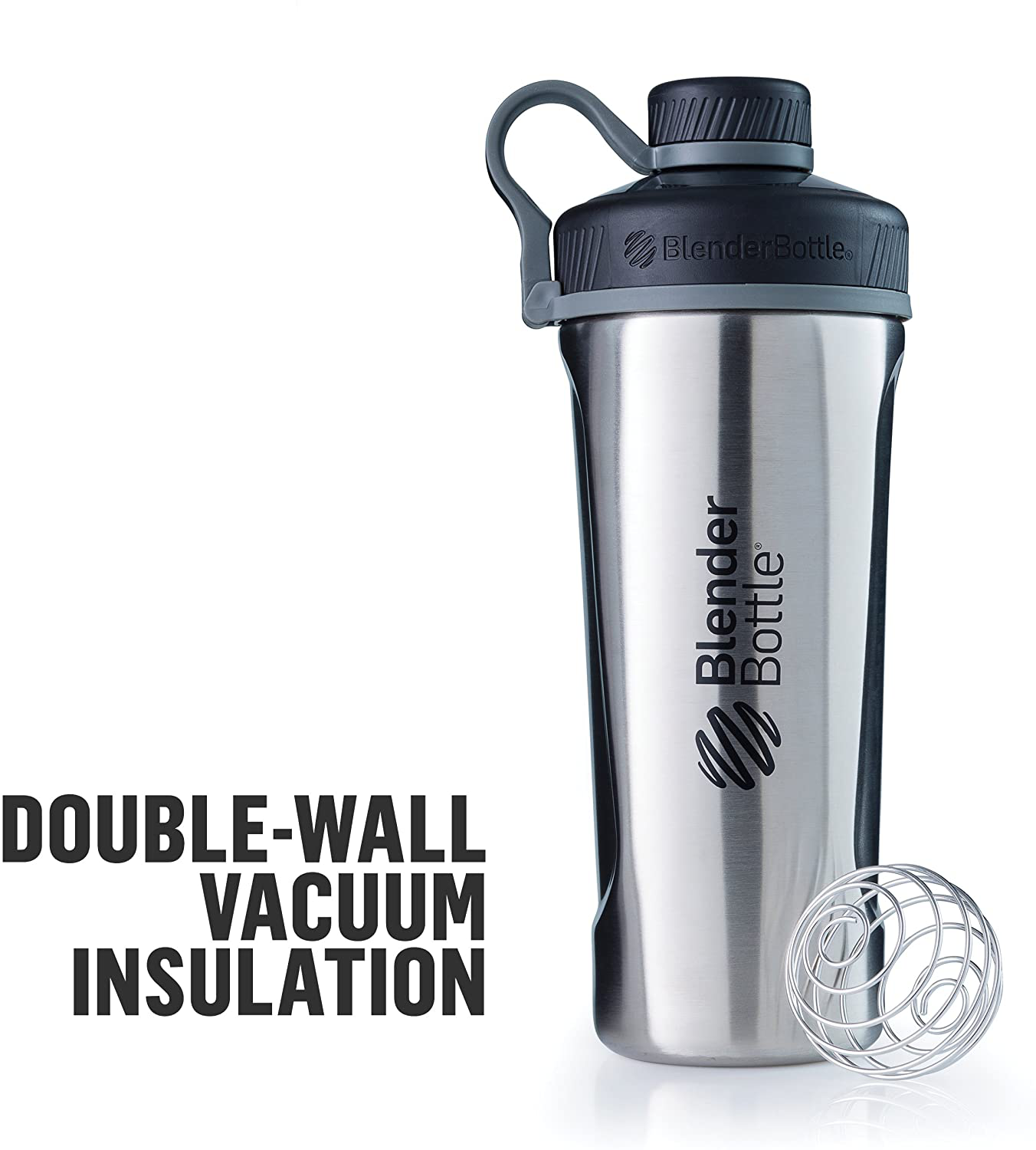 BlenderBottle Radian Shaker Cup Insulated Stainless Steel Water Bottle with Wire Whisk, 26-Ounce, Matte Black