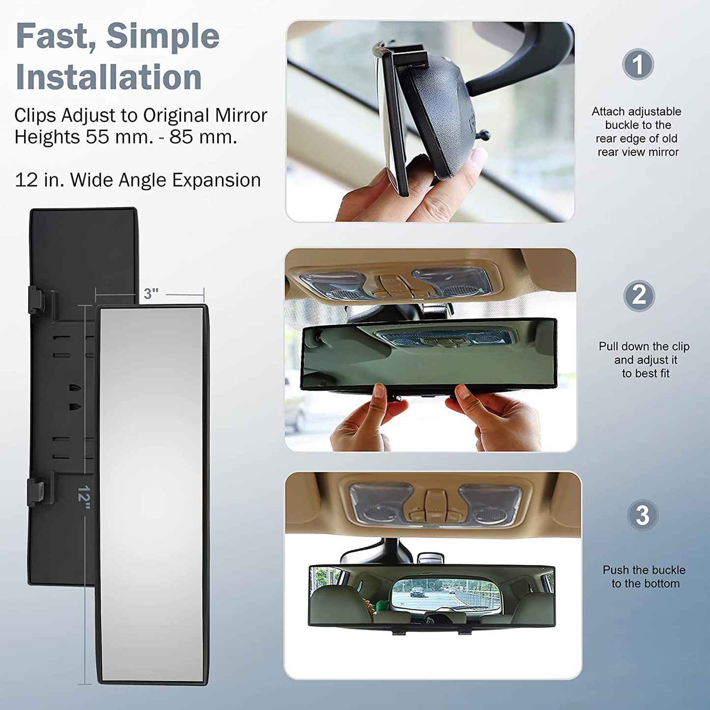 Verivue Mirrors Universal 12 Inch Interior Clip On Panoramic Rearview Mirror - Clear Tint - Wide Angle - For use in Car, SUV, Truck