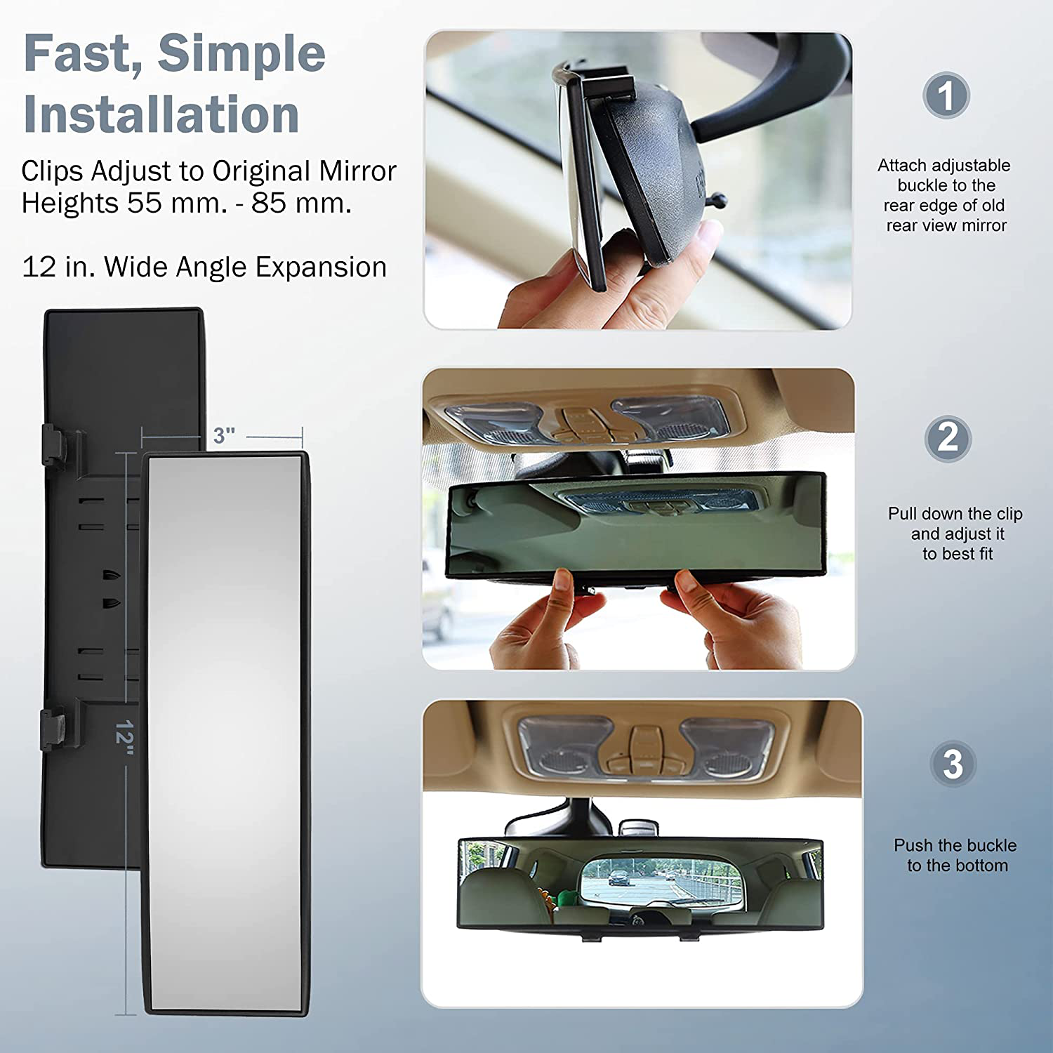 Verivue Mirrors Universal 12 Inch Interior Clip On Panoramic Rearview Mirror - Clear Tint - Wide Angle - For use in Car, SUV, Truck