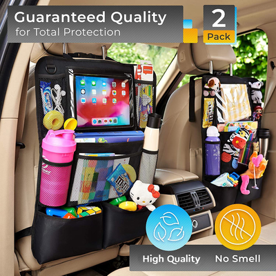 H Helteko Backseat Car Organizer, Kick Mats Back Seat Protector with Touch Screen Tablet Holder, Car Back Seat Organizer for Kids, Car Travel Accessories, Kick Mat with 9 Storage Pockets 2 Pack