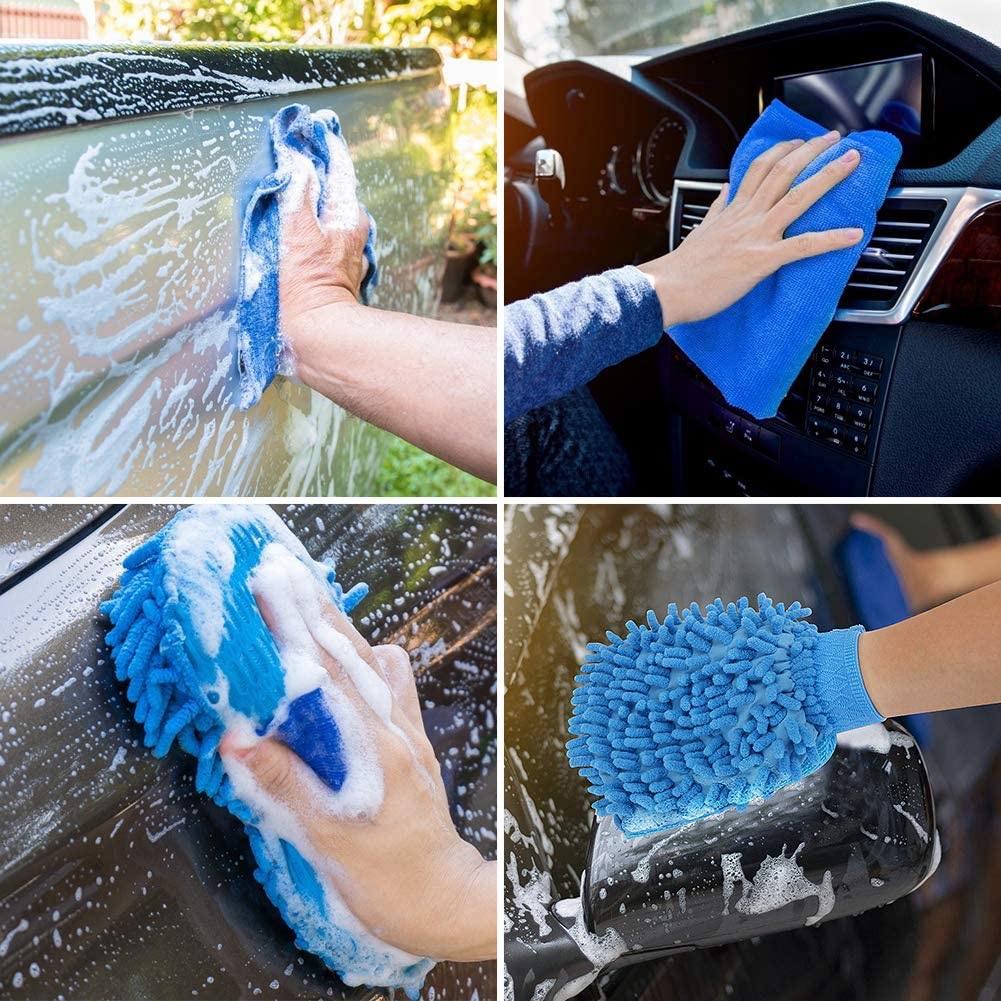 11pcs Car Cleaning Kit, Car Wash Kit for Interior and Exterior Cleaning with Canvas Bag Tire Brush Wash Sponge Duster Window Water Scraper Collapsible Bucket Wash Cloths Deer Towel Wash Glove