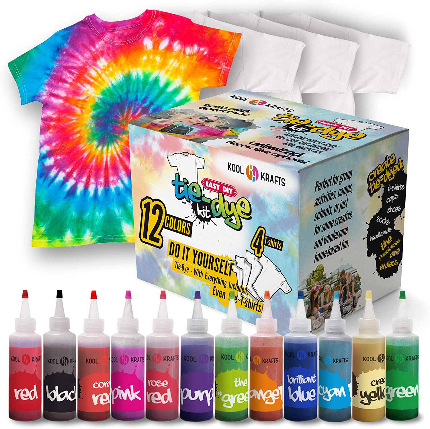 Tie Dye Kit - Tie Dye Kits for Kids - Includes 4 White T-Shirt - 12 Large Colors Tie Dye - Tie Dye Kits for Adults