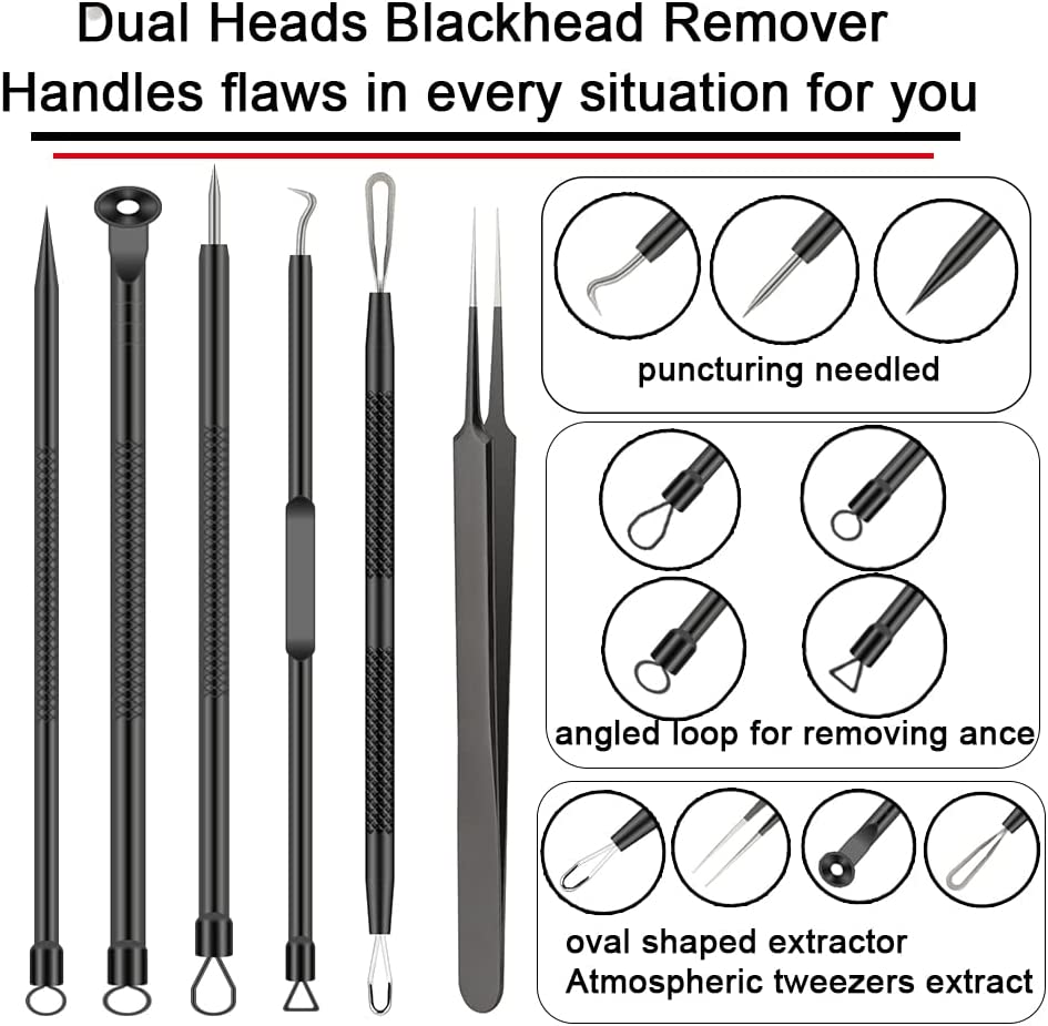 Pimple Popper Tool Kit , 6 Pcs Blackhead Remover Acne Needle Tools Set Removing Treatment Comedone Whitehead Popping Zit for Nose Face Skin Blemish Extractor Tool - Black