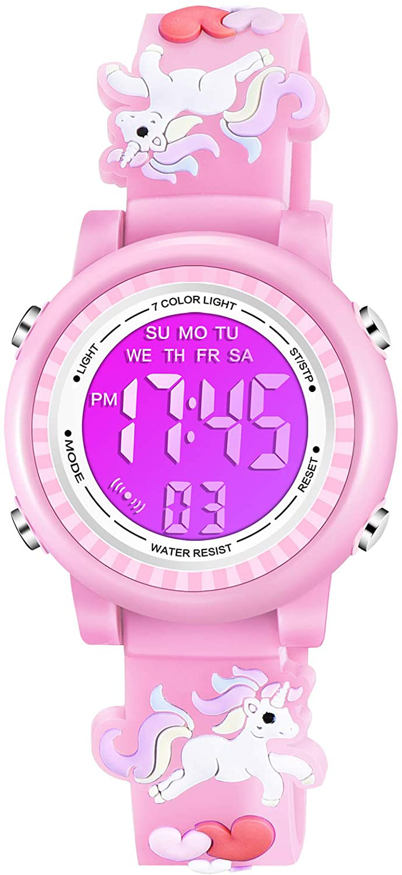 Venhoo Kids Watches 3D Cartoon Waterproof 7 Color Lights Toddler Wrist Digital Watch with Alarm Stopwatch for 3-10 Year Girls Little Child