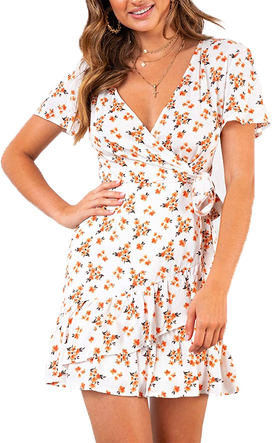 Relipop Summer Women Short Sleeve Print Dress V Neck Casual Short Dresses