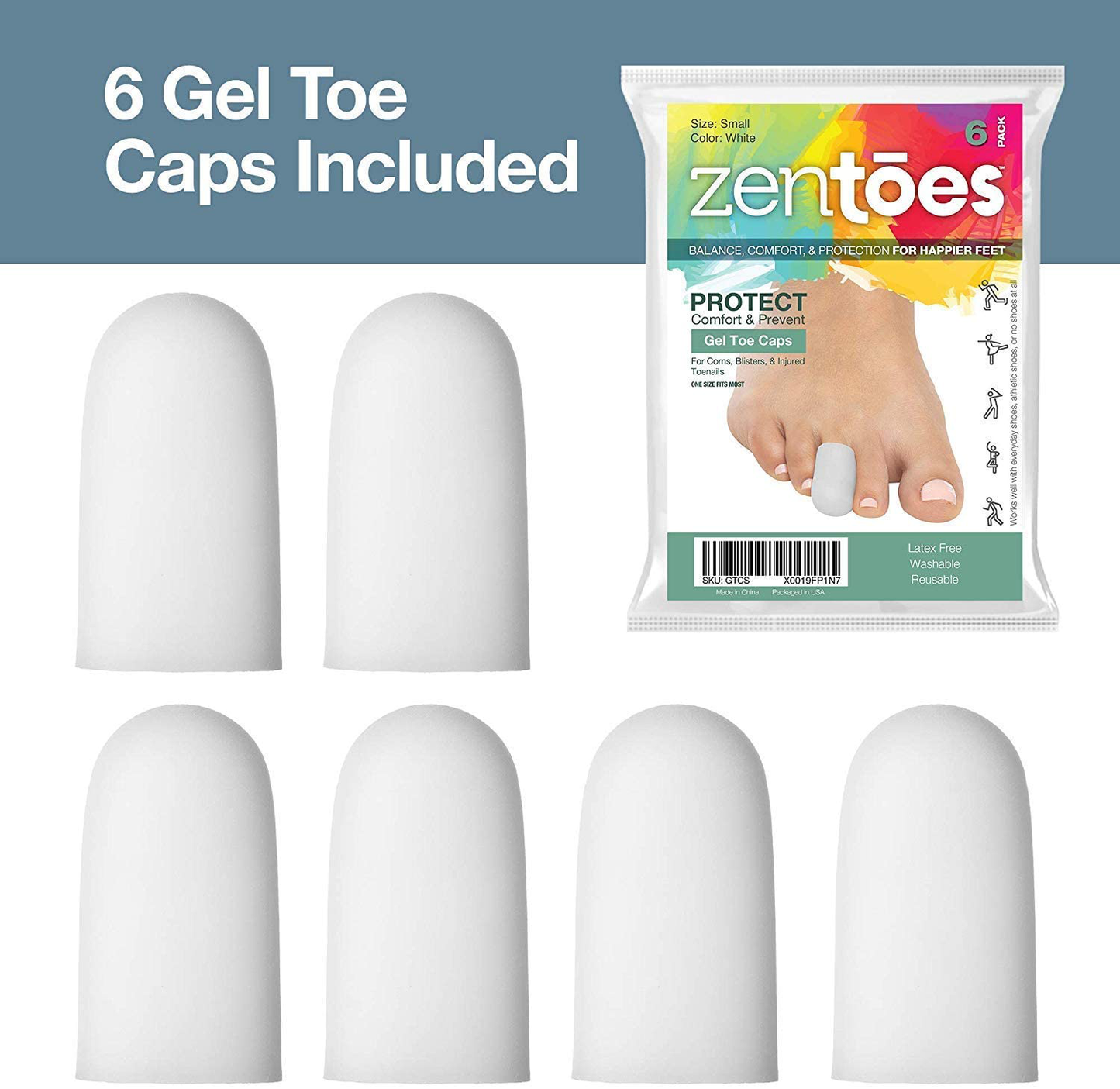 Zentoes 6 Pack Gel Toe Cap and Protector - Cushions and Protects to Provide Relief from Missing or Ingrown Toenails, Corns, Blisters, Hammer Toes (Small, White)
