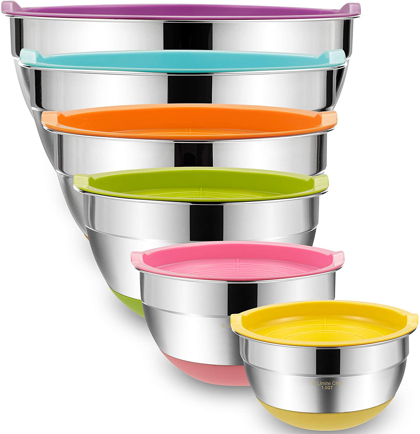 Mixing Bowls with Airtight Lids, 6 piece Stainless Steel Metal Bowls by Umite Chef, Colorful Non-Slip Bottoms Size 7, 3.5, 2.5, 2.0,1.5, 1QT, Great for Mixing & Serving