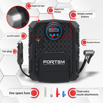 FORTEM Digital Tire Inflator for Car w/Auto Pump/Shut Off Feature, Portable Air Compressor, Carrying Case