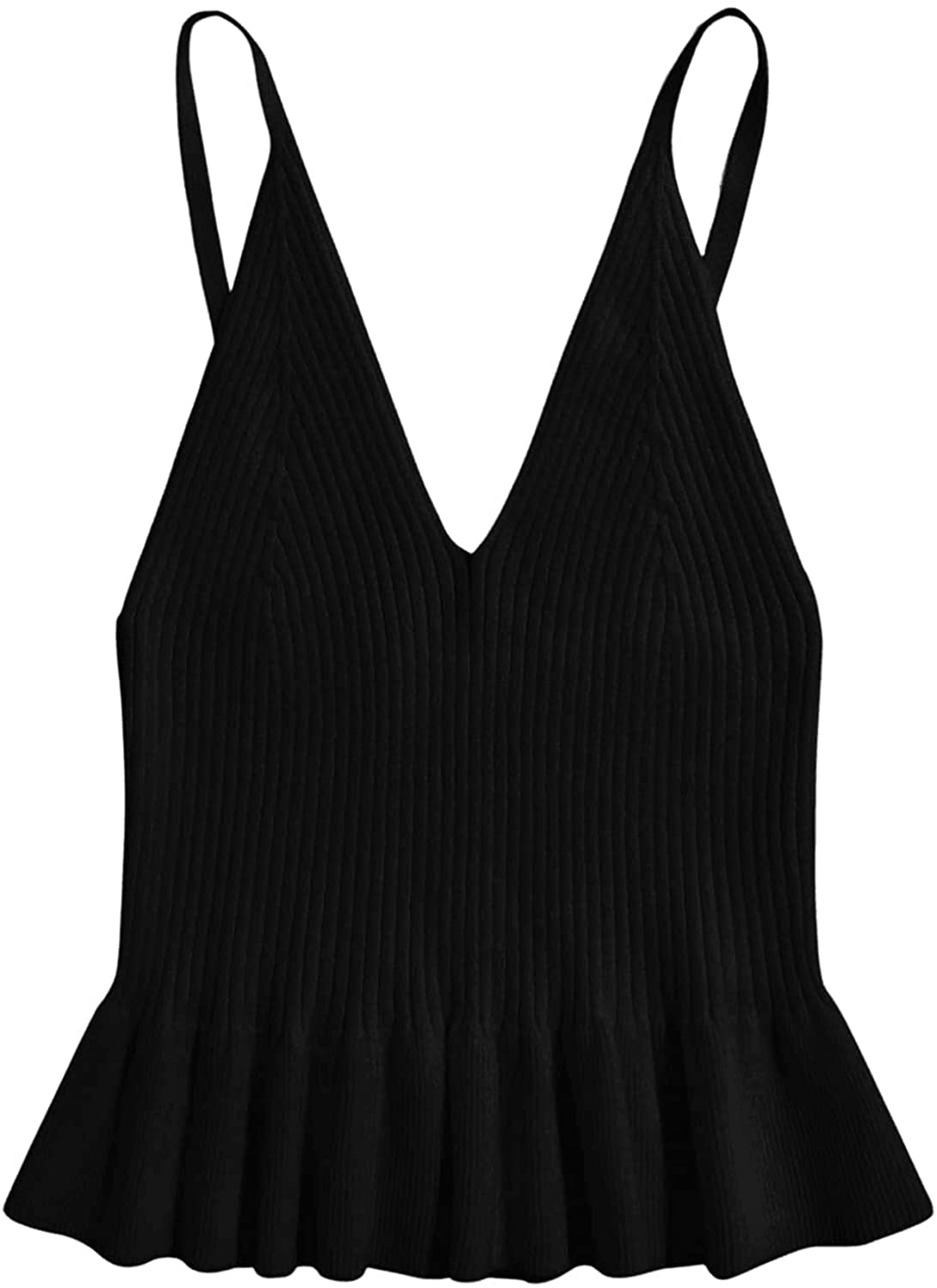 SweatyRocks Women's Casual Knit Top Sleeveless Ruffle Hem V Neck Peplum Crop Tank Top