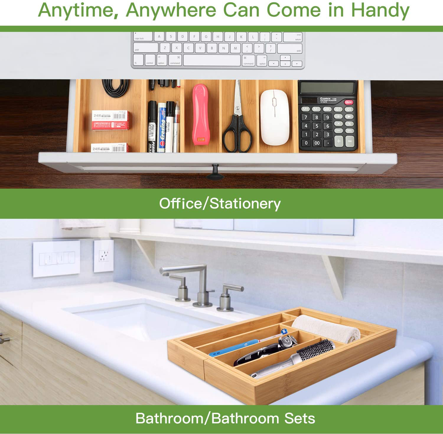 Bamboo Expandable Drawer Organizer for Utensils Holder, Adjustable Cutlery Tray, Wood Drawer Dividers Organizer for Silverware, Flatware, Knives in Kitchen, Bedroom, Living Room by Pipishell