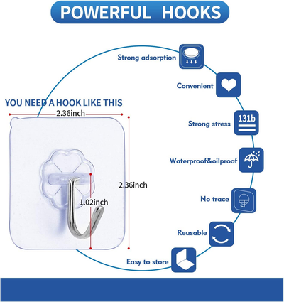 Premium Adhesive Hooks Kitchen Wall Hooks,Heavy Duty 13Lb(Max) Wall Hooks, Transparent Reusable Seamless Hooks with Stainless Hooks Reusable Utility Towel Bath Ceiling Office Window Hooks,10 Pack