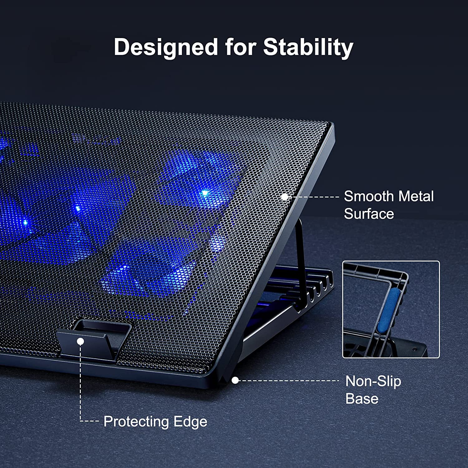 AMERIERGO Laptop Cooling Pad, Adjustable Laptop Cooler Stand with 5 Quiet Blue LED Fans, Laptop Cooling Fan for 10''-19'' Gaming Laptop, Computer Cooling Pad with 2 USB Ports and 1 Cable