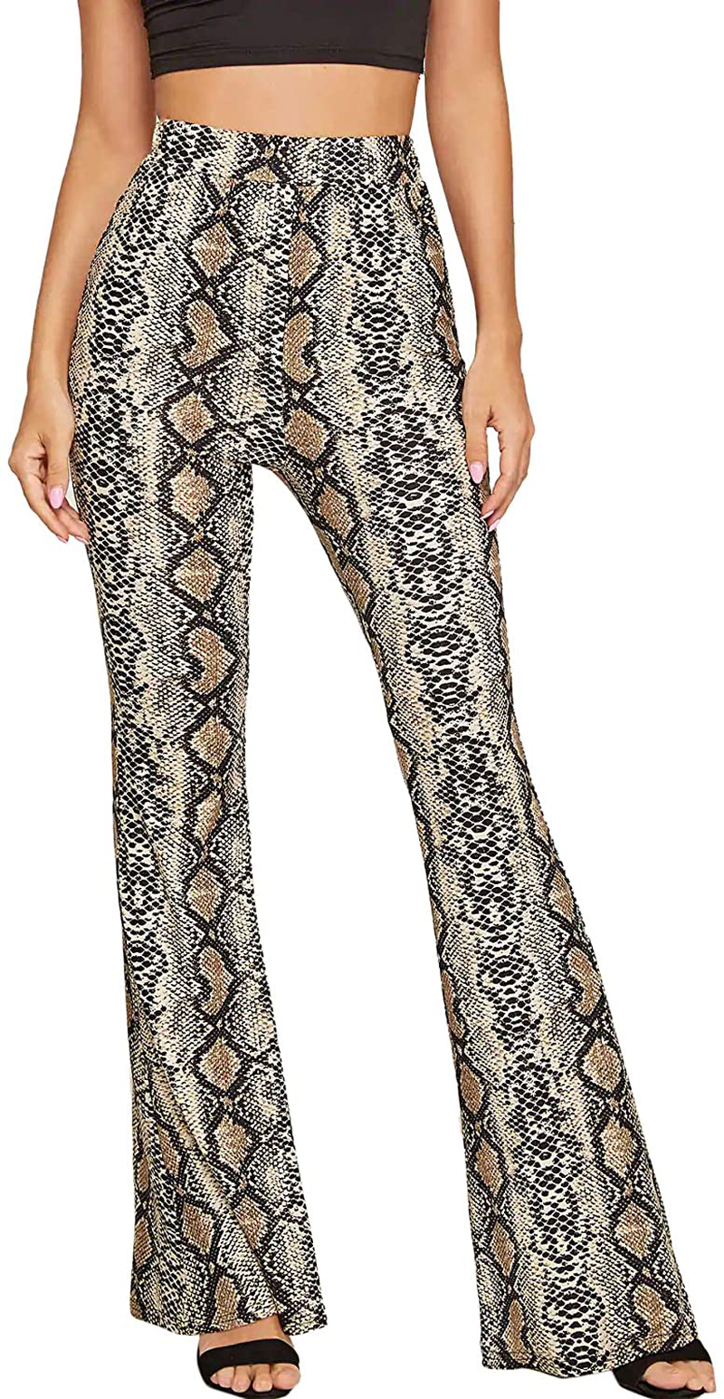 WDIRARA Women's Snakeskin High Waist Casual Flare Bell Bottom Stretch Long Pants