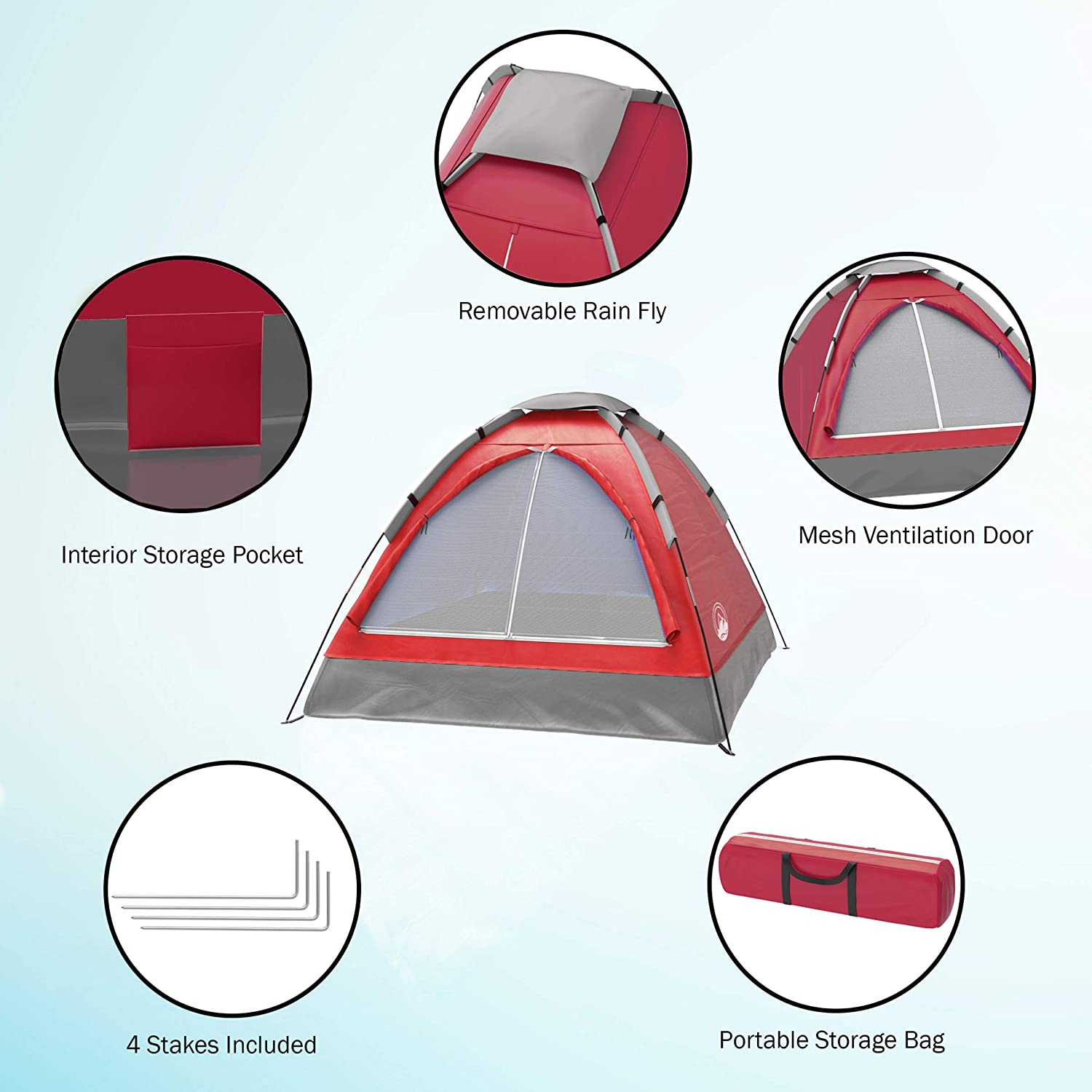 2-Person Tent, Dome Tents for Camping with Carry Bag by Wakeman Outdoors (Camping Gear for Hiking, Backpacking, and Traveling) - RED , 6.25’ X 4.80’ X 3.50’