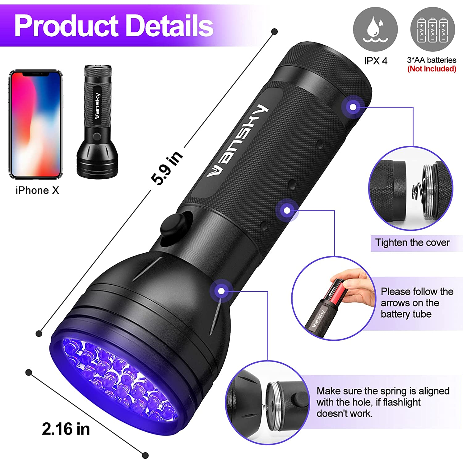 UV Flashlight Black Light , Vansky 51 LED Blacklight Pet Urine Detector for Dog/Cat Urine,Dry Stains,Bed Bug, Matching with Pet Odor Eliminator