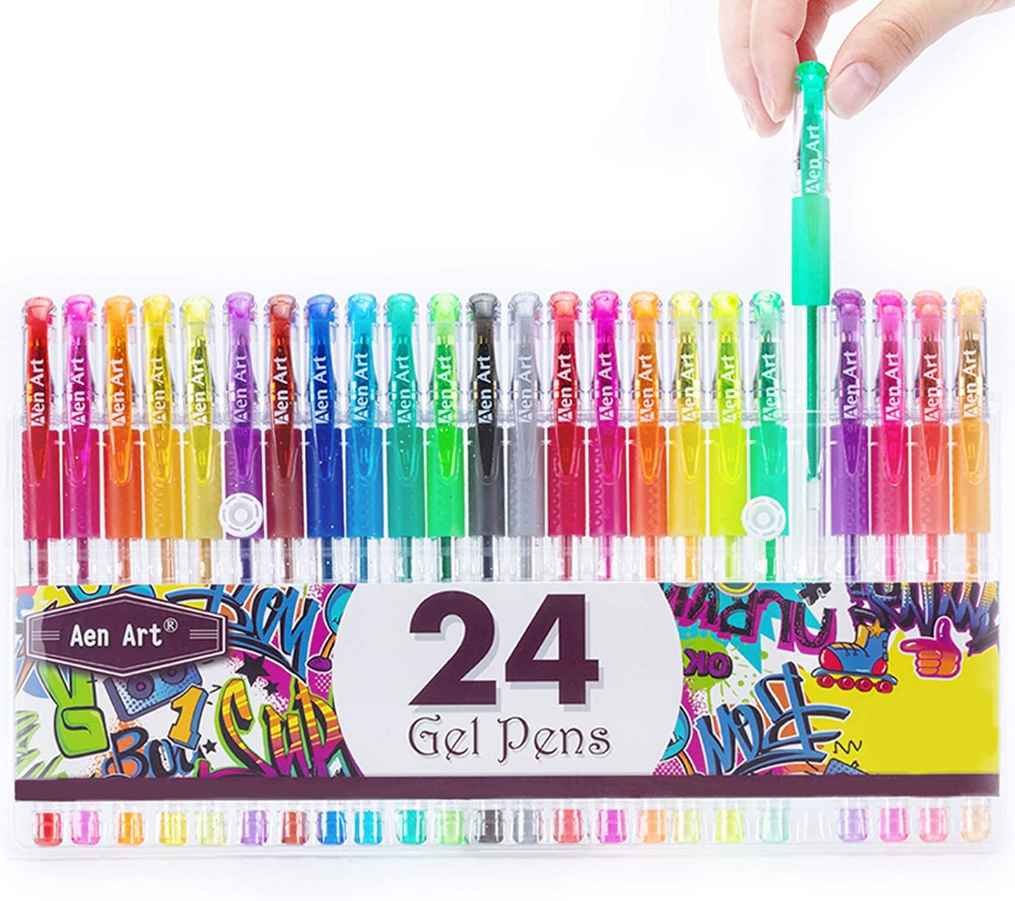 Glitter Gel Pens Colored Fine Tip Markers with 40% More Ink for Adult Coloring Books, Drawing and Doodling (24 Colors)