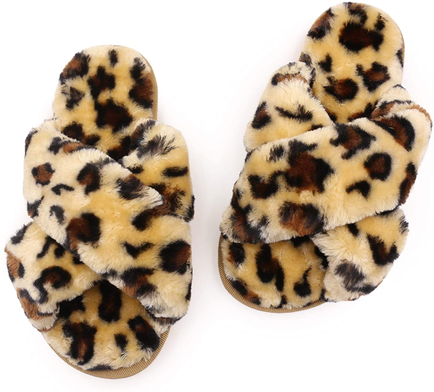Womens House Fuzzy Slippers Leopard Cross Band Soft Plush Fluffy Slippers Furry Fleece Slip on Slippers Open Toe House Warm Bedroom Shoes Slides