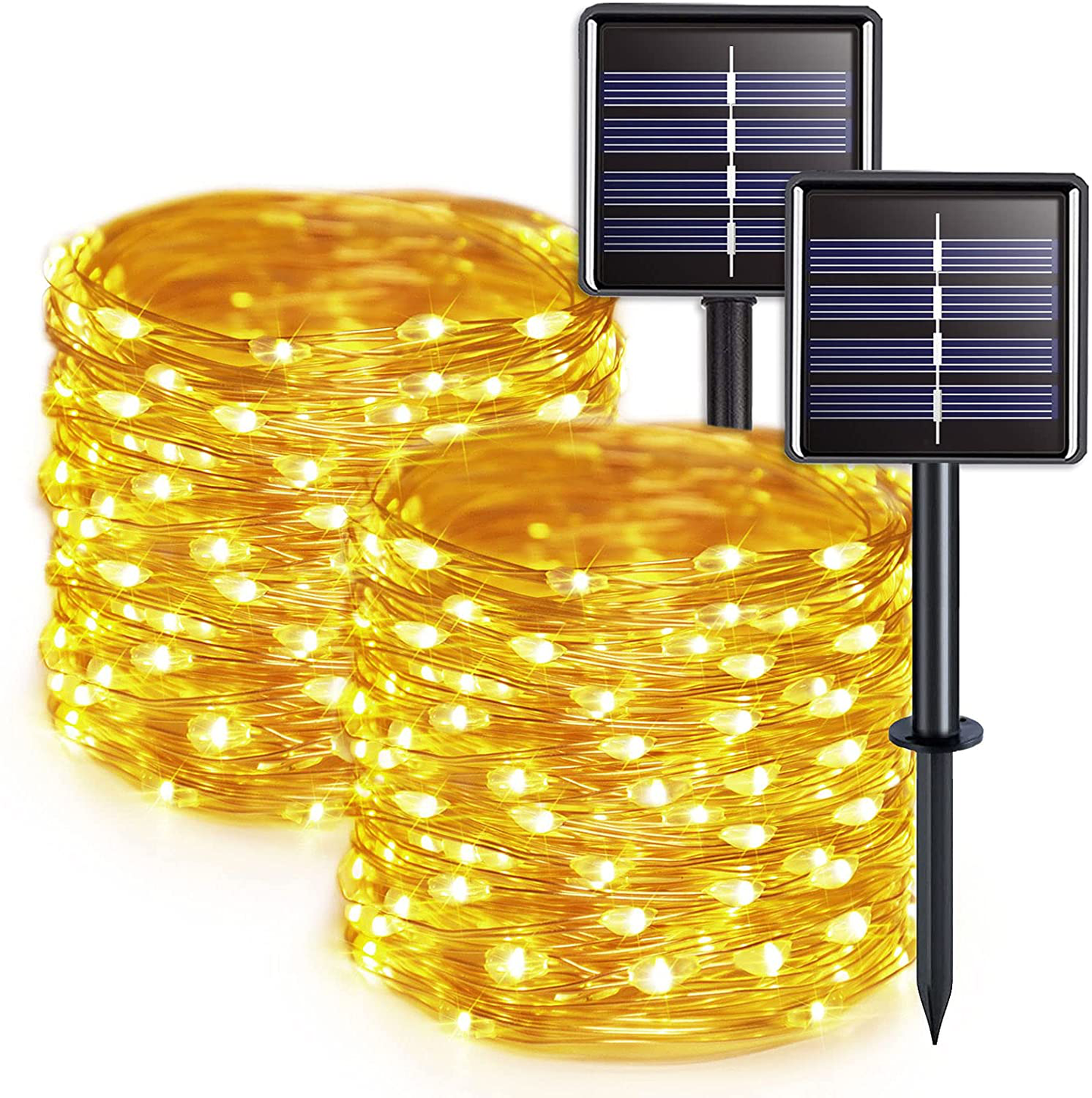 JMEXSUSS 2 Pack Solar String Lights 8 Modes 100 LED 32.8ft Solar Powered Waterproof Fairy Copper Wire Lights for Christmas, Bedroom, Patio, Wedding, Party, Outdoor Decorative(Warm White)