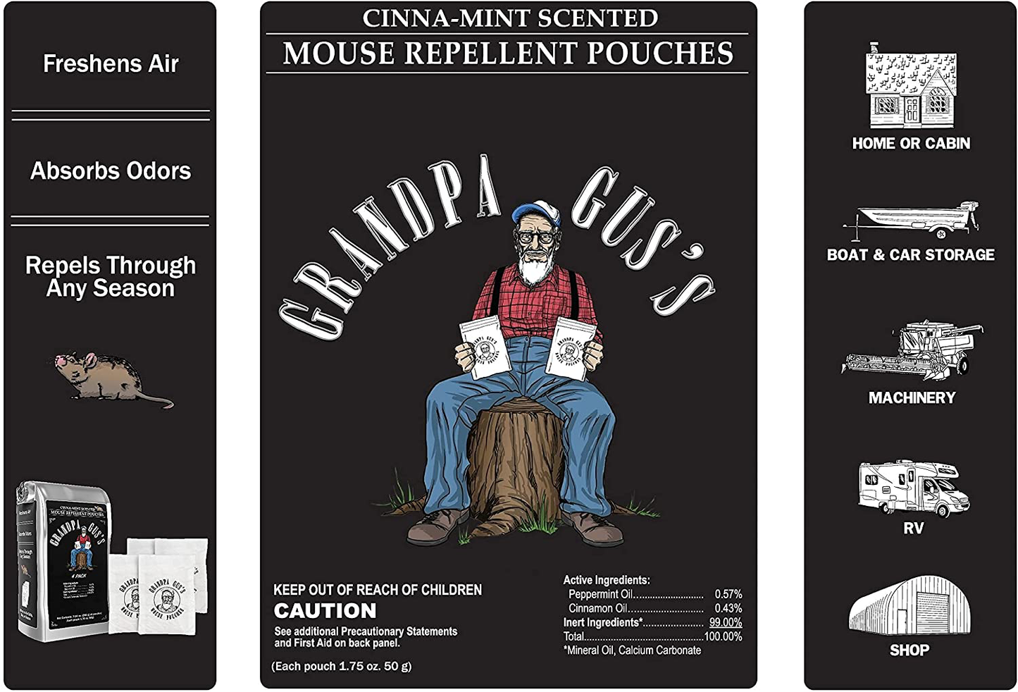 Grandpa Gus's Mouse Repellent, Natural Cinnamon & Peppermint Oil For Large Indoor & Multiple Implements/Vehicles, Absorb Odors