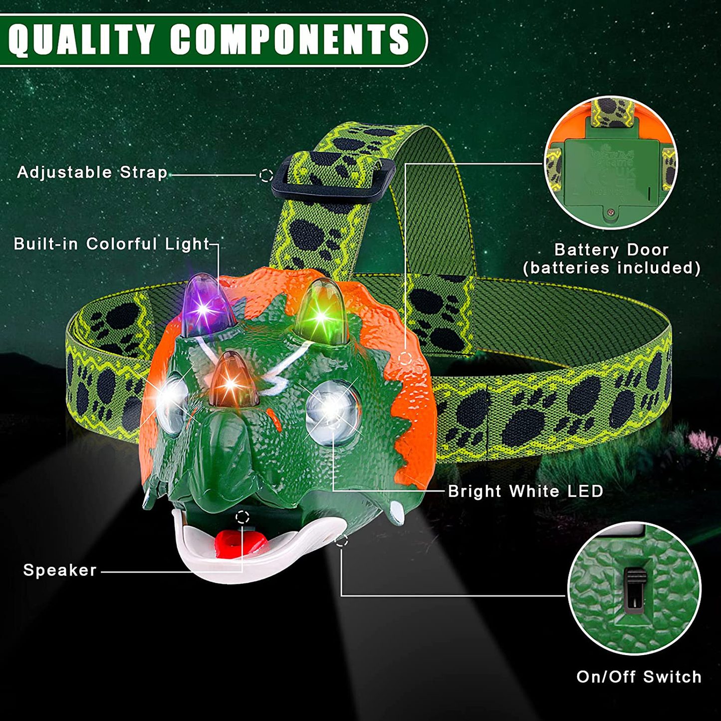 Triceratops LED Headlamp - Dinosaur Headlamp for Kids Camping Essentials | Dinosaur Toy Head Lamp Flashlight for Boys Girls or Adults | Ideal Gift for Birthday, Thanksgiving, Christmas, New Year