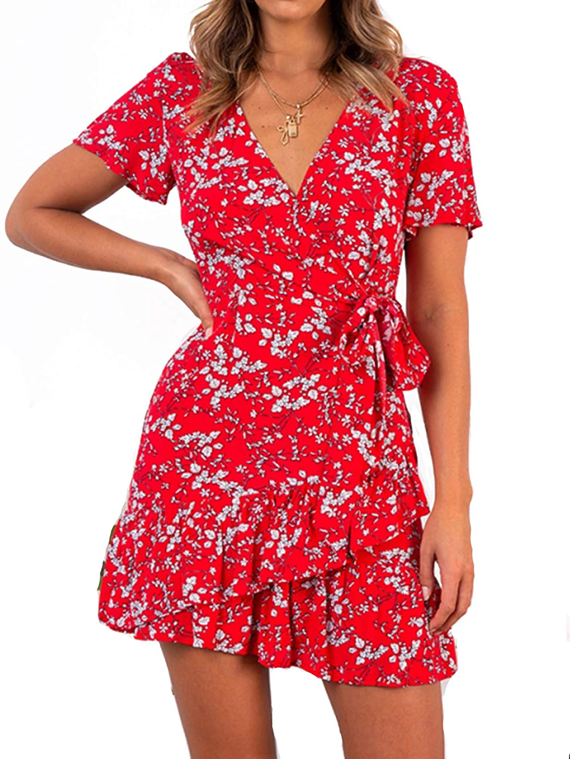 Relipop Summer Women Short Sleeve Print Dress V Neck Casual Short Dresses