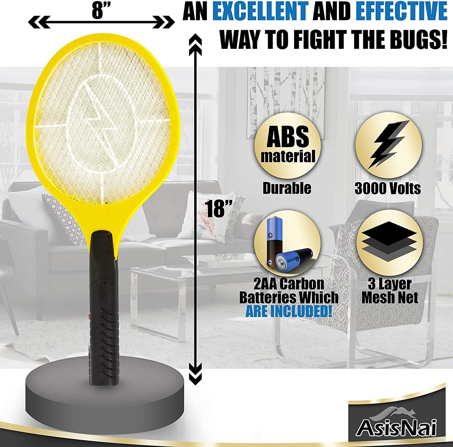 ASISNAI Bug Zapper 18" Electric Fly & Mosquito Swatter Racket - Outdoor/Indoor Killer for Flies, Battery-Operated Tennis Killing Zap, 3000 Volts Electronic Catcher, 2 AA Batteries Included - Red